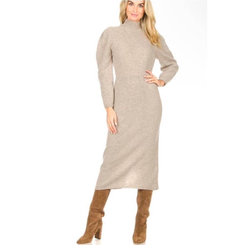 ba&sh Felicity Wool Blend Midi Sweater Dress Beige Mock Neck Long Sleeve Size S